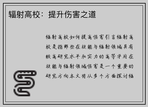 辐射高校:提升伤害之道